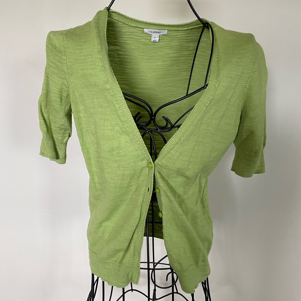 Caslon Short Sleeve Button Up Cardigan in Green